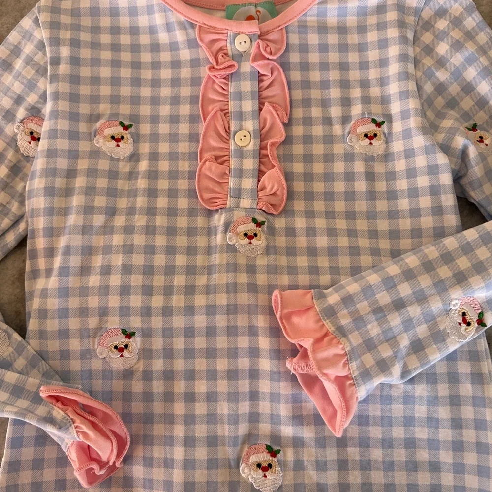Smocked Flamingo Pink & Blue Gingham Ruffle Santa Pajama Set Size 6